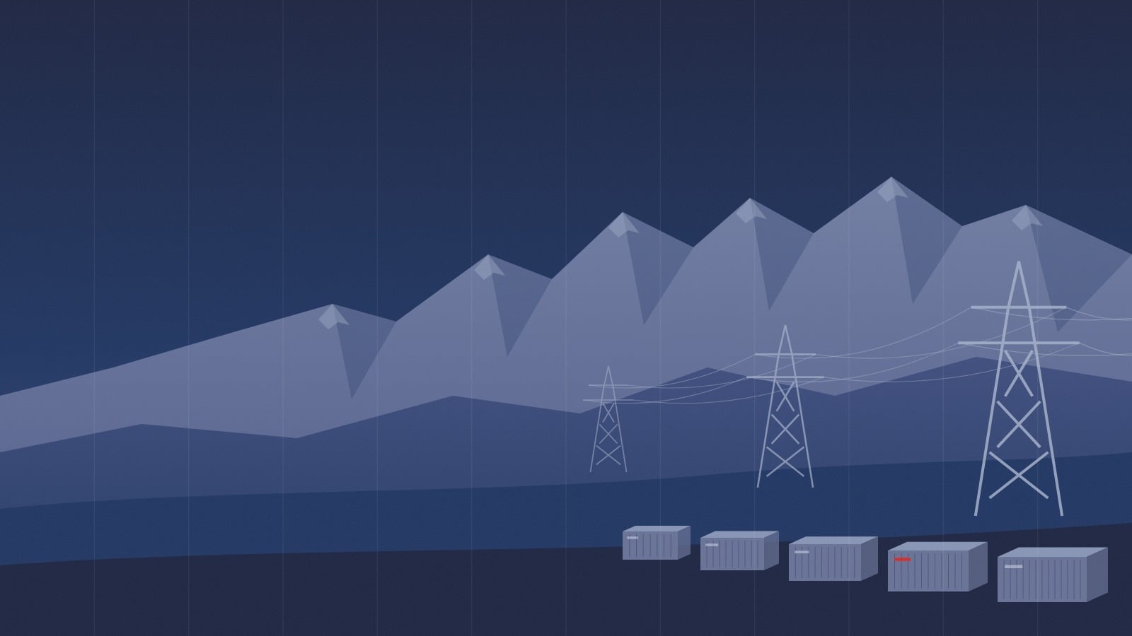 Alpine valley with power pylons and a row of battery storage containers in navy tones, one status light marked in red