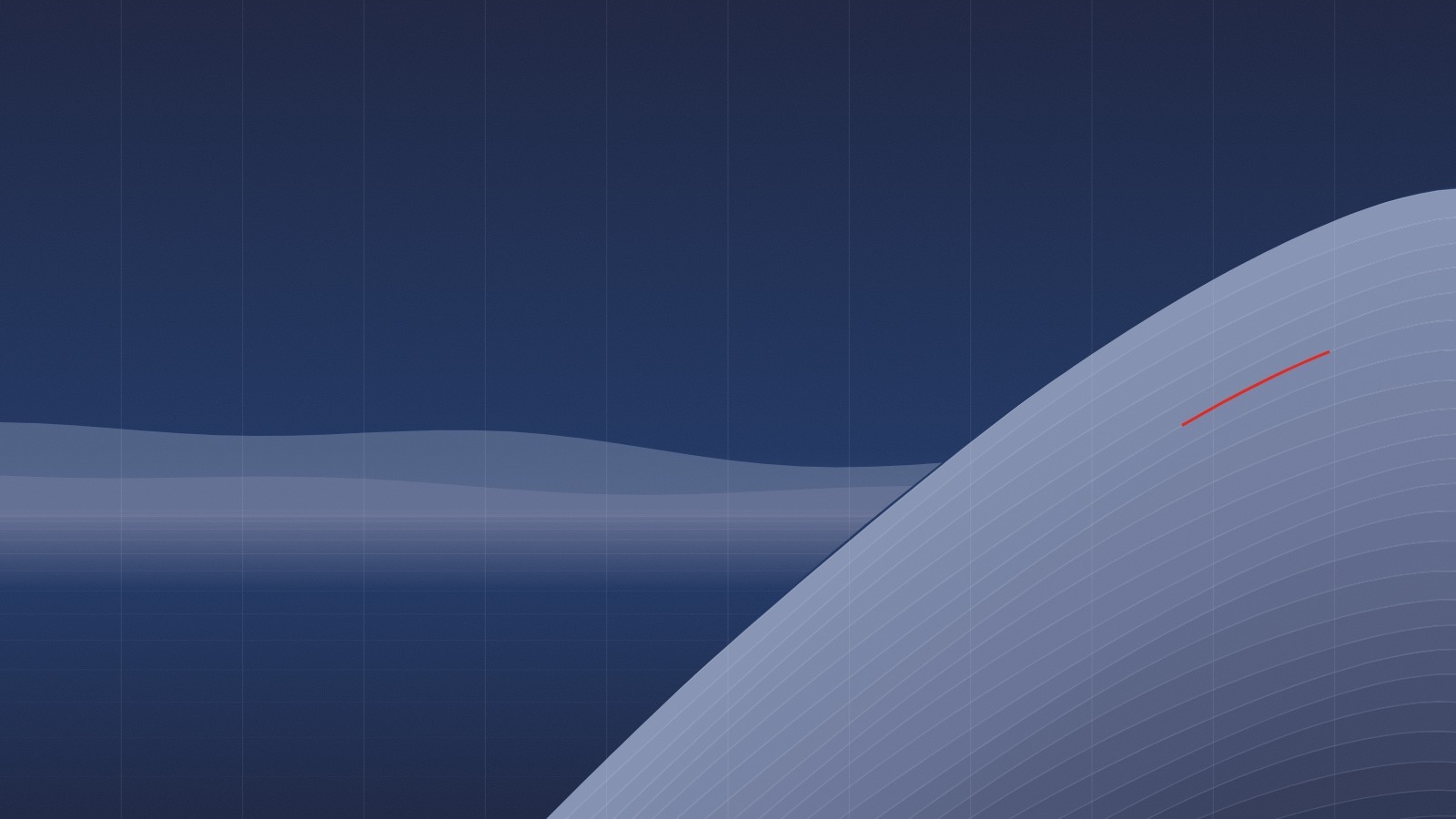 Terraced hillside above a lake in navy tones, one terrace edge marked in red